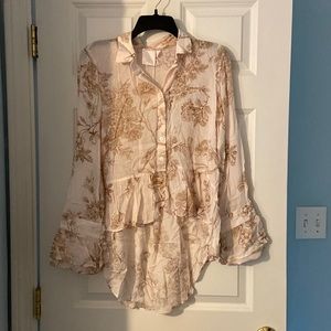 LC Lauren Conrad Cream and Brown Floral Button Down Shirt
